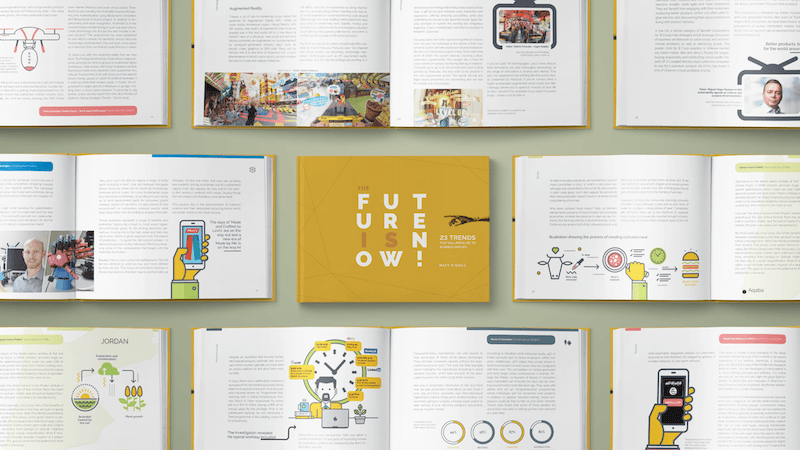 Examples pages and cover from 'The Future is Now' book by Matt O'Neill